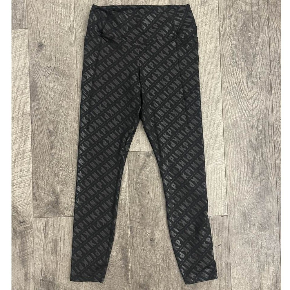 PINK Victoria's Secret Active Leggings Black‎ Metallic Logo High Rise Pockets M